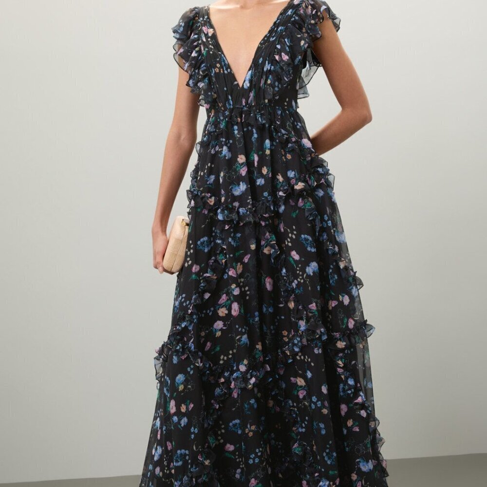 Mac Duggal Ieena Floral Ruffle V-Neck Gown - Picture 2 of 8
